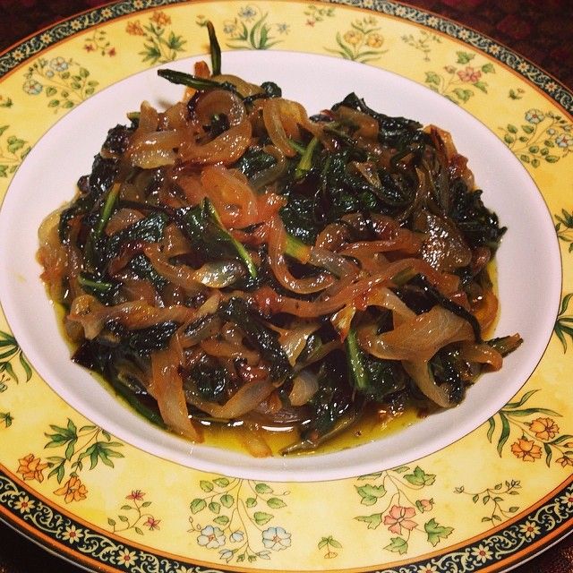 Sauteed Dandelion Greens with Caramelized Onions.
