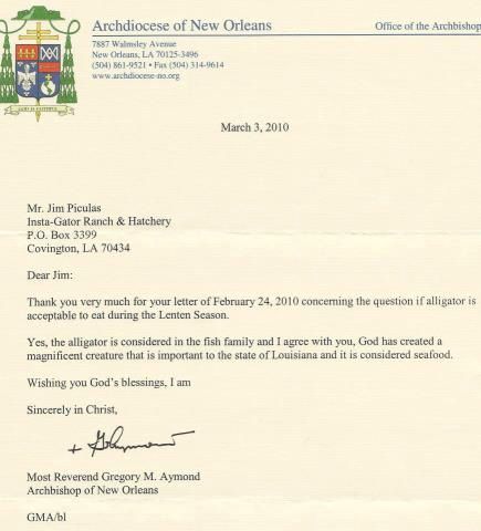 Archbishop Aymond Letter on Alligator in Lent