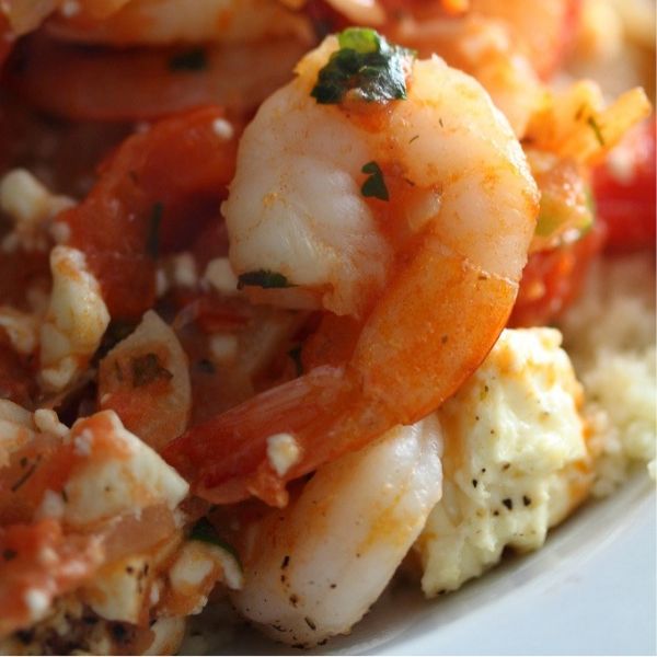 Garlic Shrimp with Tomatoes, Peppers and Feta