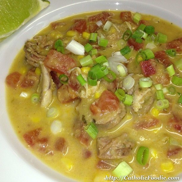 Cream of Hatch Chile Soup with Corn, Tomatoes, and Sausage